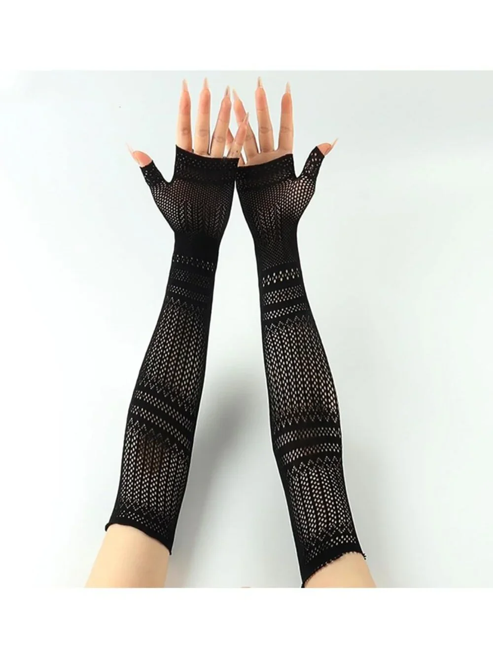Women's Black Patterned Fishnet Long Fingerless Mesh Gothic Gloves Party